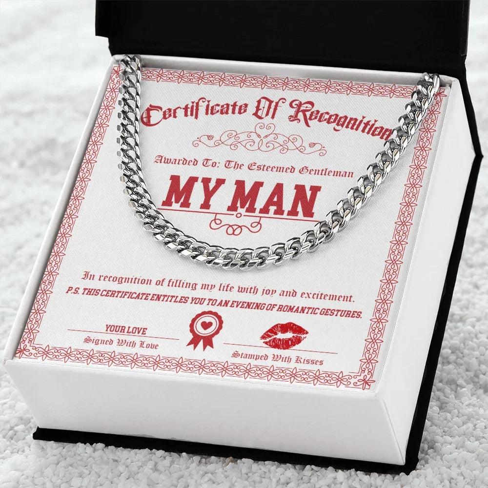 Romantic Cuban Link Chain Necklace for Soulmate, Boyfriend, or Husband – Sentimental "My Man" Gift Card