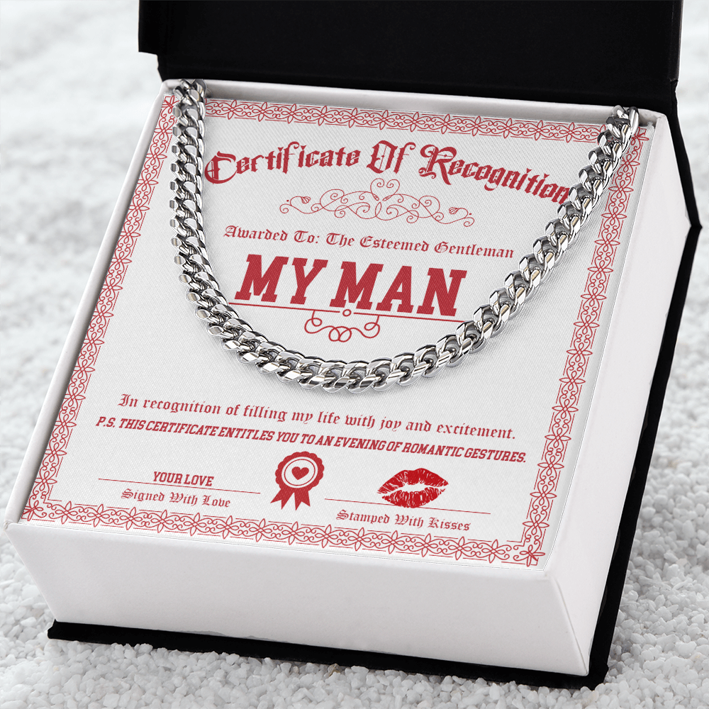 Romantic Cuban Link Chain Necklace for Soulmate, Boyfriend, or Husband – Sentimental "My Man" Gift Card - Mallard Moon Gift Shop