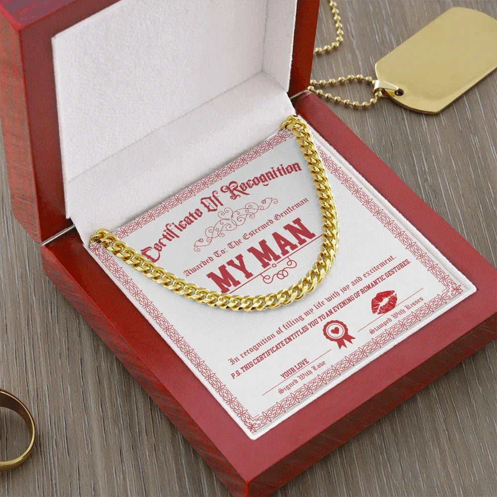 Romantic Cuban Link Chain Necklace for Soulmate, Boyfriend, or Husband – Sentimental "My Man" Gift Card