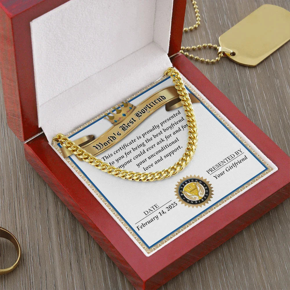 Romantic Gift for Boyfriend – Cuban Link Chain & Love Certificate Keepsake