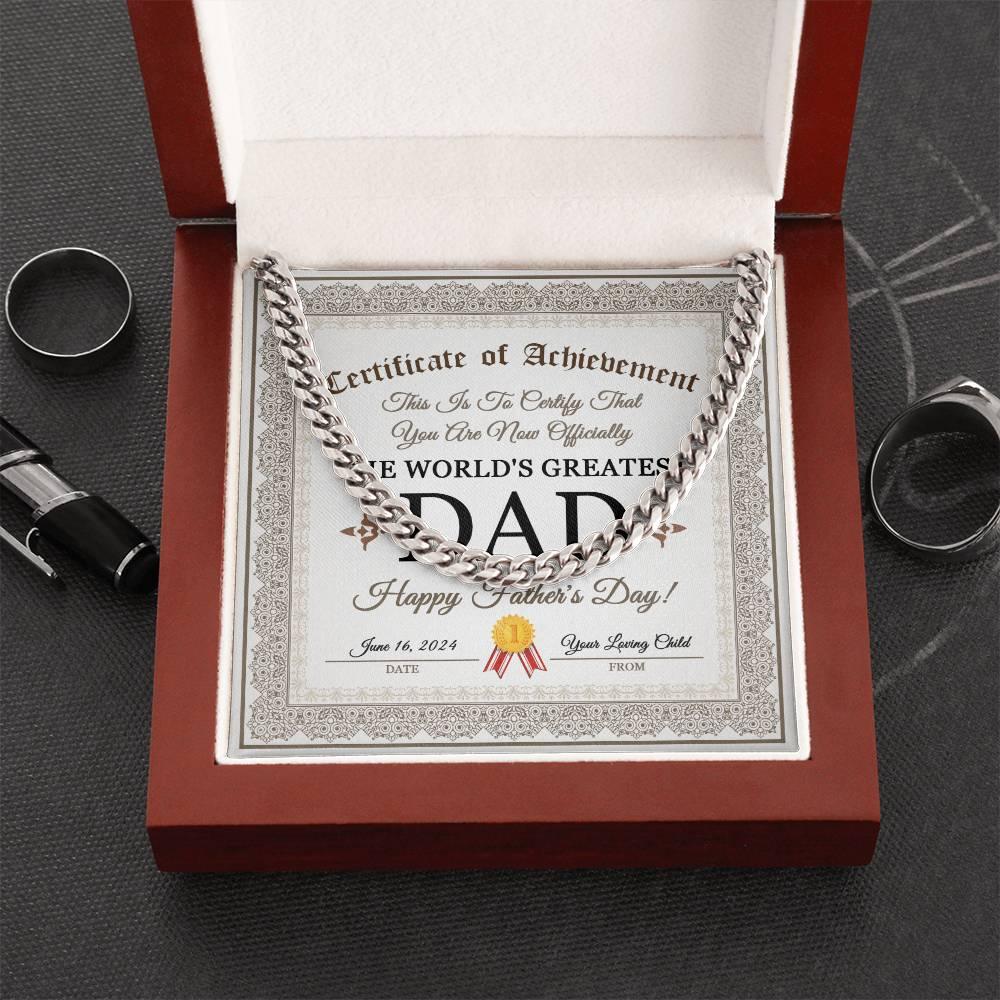 Dad Happy Father's Day Certificate of Achievement Cuban Chain Link Necklace with Gift Box - Mallard Moon Gift Shop