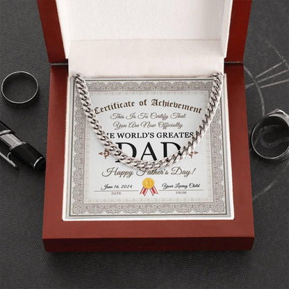 Dad Happy Father's Day Certificate of Achievement Cuban Chain Link Necklace with Gift Box - Mallard Moon Gift Shop