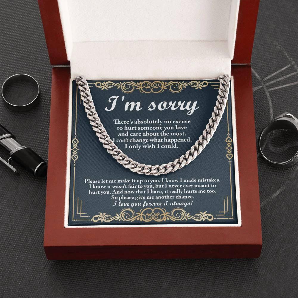 Apology Gift “I’m Sorry” Cuban Link Chain Men’s Necklace with Message Card | Forgiveness Jewelry for Boyfriend or Husband