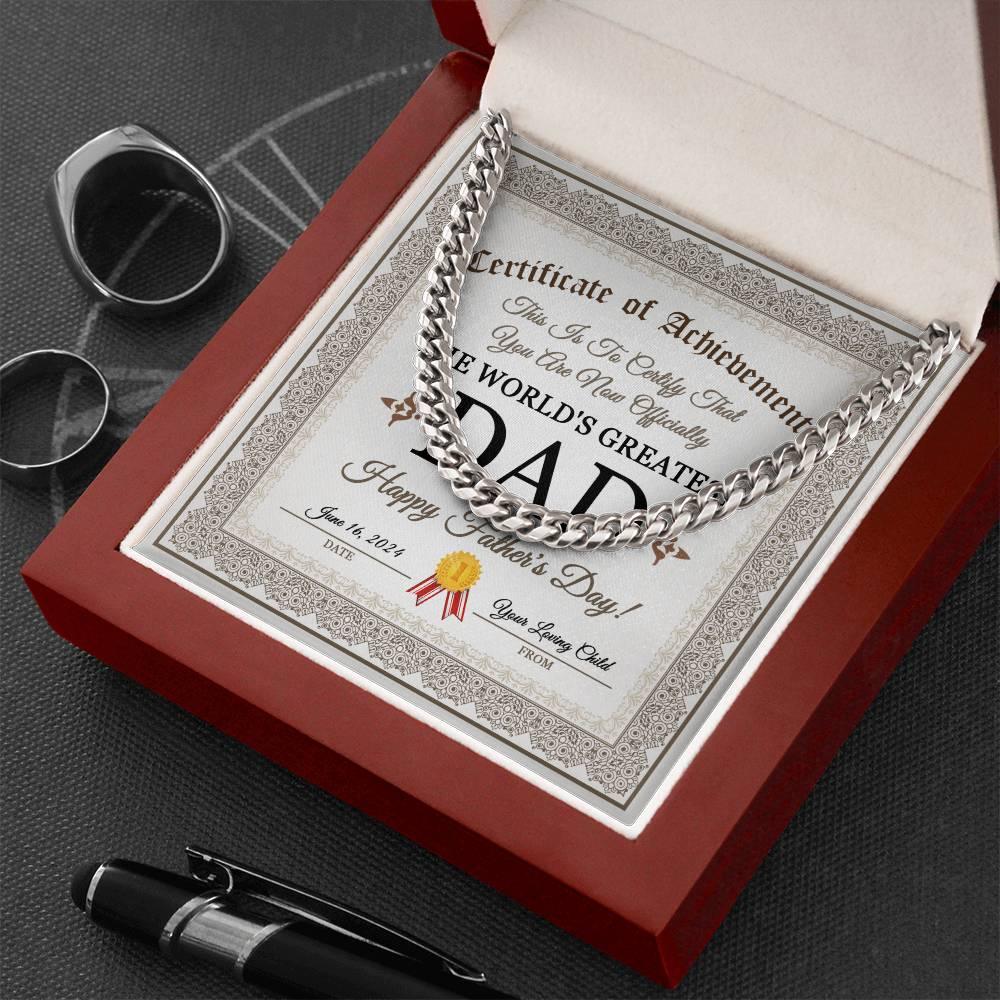 Dad Happy Father's Day Certificate of Achievement Cuban Chain Link Necklace with Gift Box - Mallard Moon Gift Shop