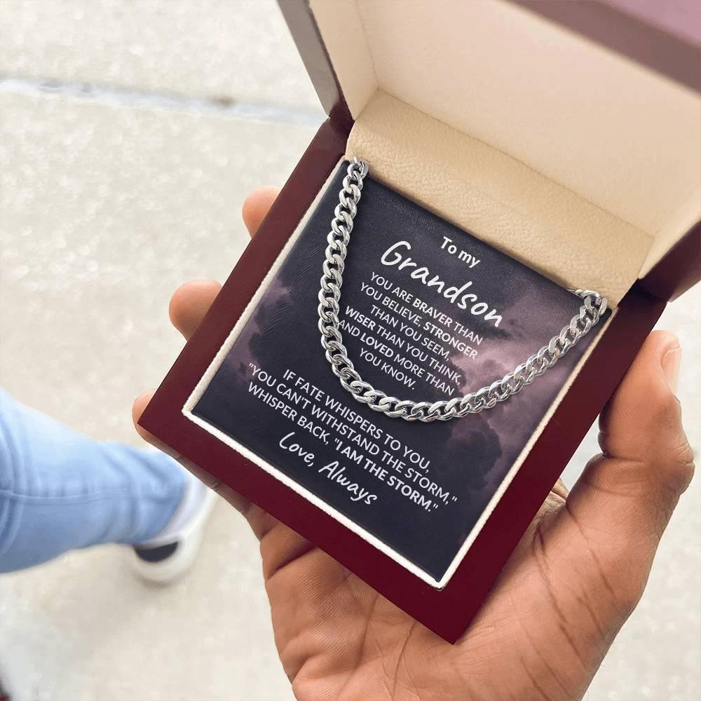 Grandson Jewelry Whisper Back "I Am The Storm" Graduation Birthday Holiday Personalized Cuban Chain Link Necklace With Gift Box