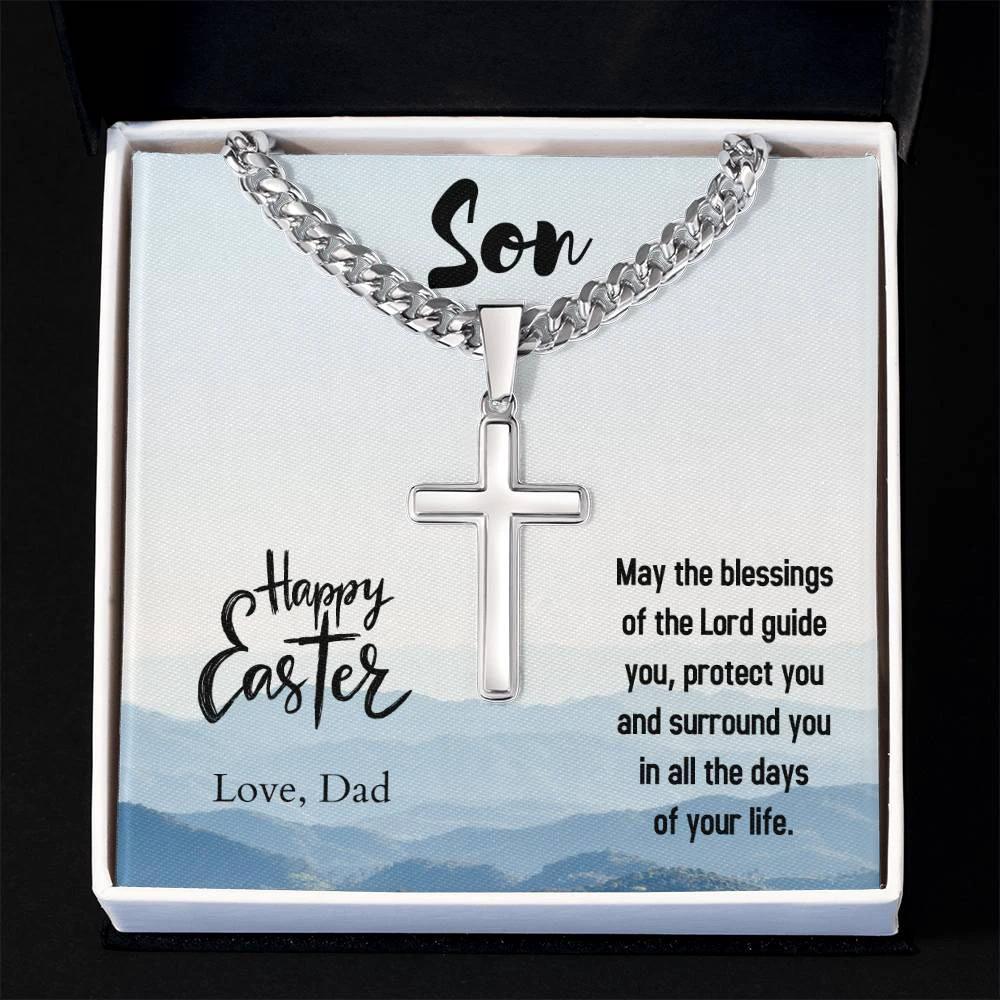 Gift for Son - Happy Easter May the Blessings of the Lord Guide You Personalized Engraved Cross Necklace
