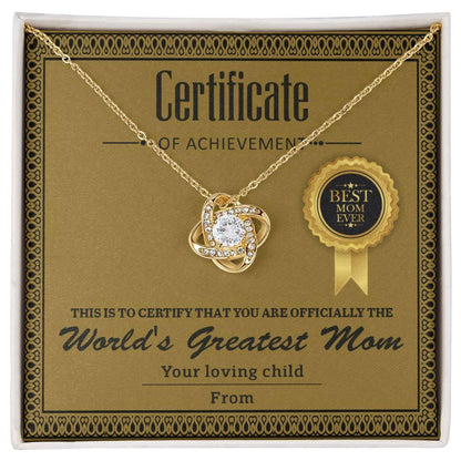 World's Greatest Mom Personalized Certificate of Achievement- Love Knot Necklace - Mallard Moon Gift Shop