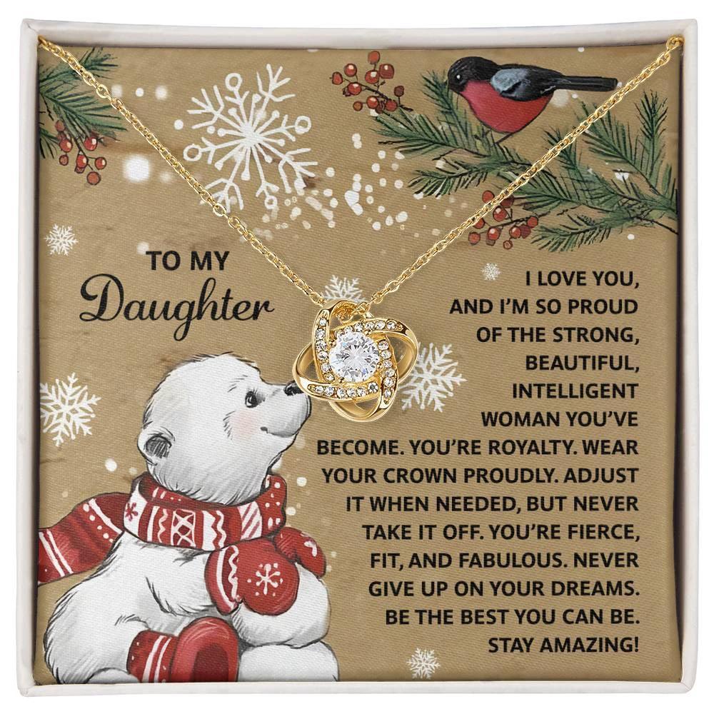 To My Daughter Christmas Love Knot Necklace – Holiday Gift with Polar Bear Message Card, Inspirational Daughter Jewelry, Christmas Gift from Mom or Dad
