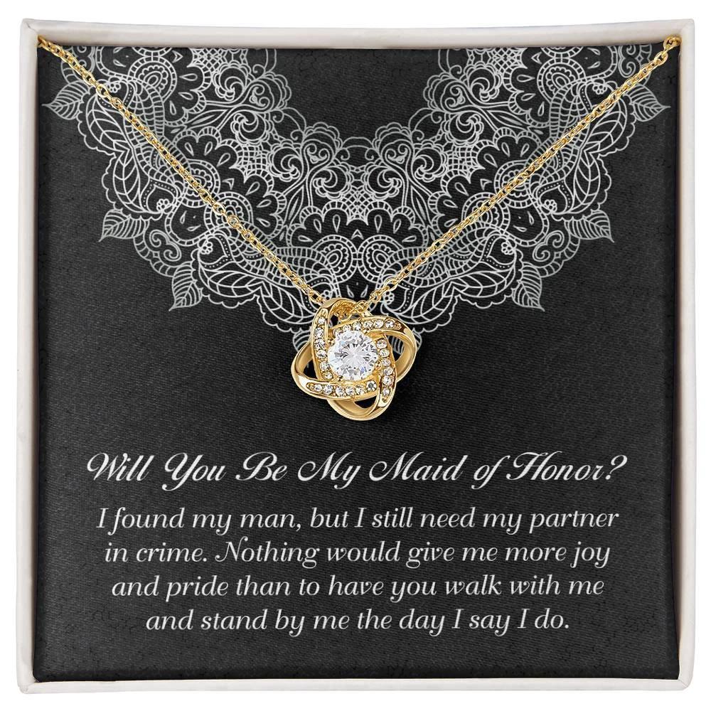 Maid of Honor Wedding Proposal Gift - Partner In Crime - Love Knot Pendant Necklace