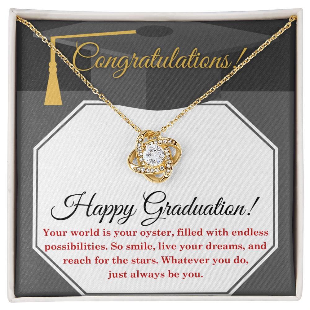 Happy Graduation-Your World is your Oyster Love Knot Pendant Necklace - Mallard Moon Gift Shop