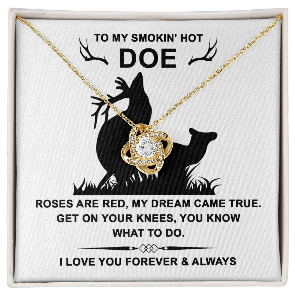 To My Smokin' Hot Doe” Message Card with Love Knot Necklace – Romantic and Playful Valentine's Day Gift