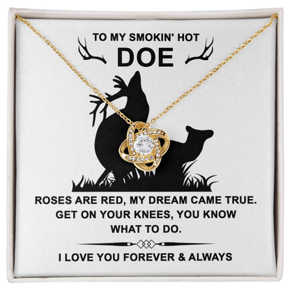 To My Smokin' Hot Doe” Message Card with Love Knot Necklace – Romantic and Playful Valentine's Day Gift - Mallard Moon Gift Shop