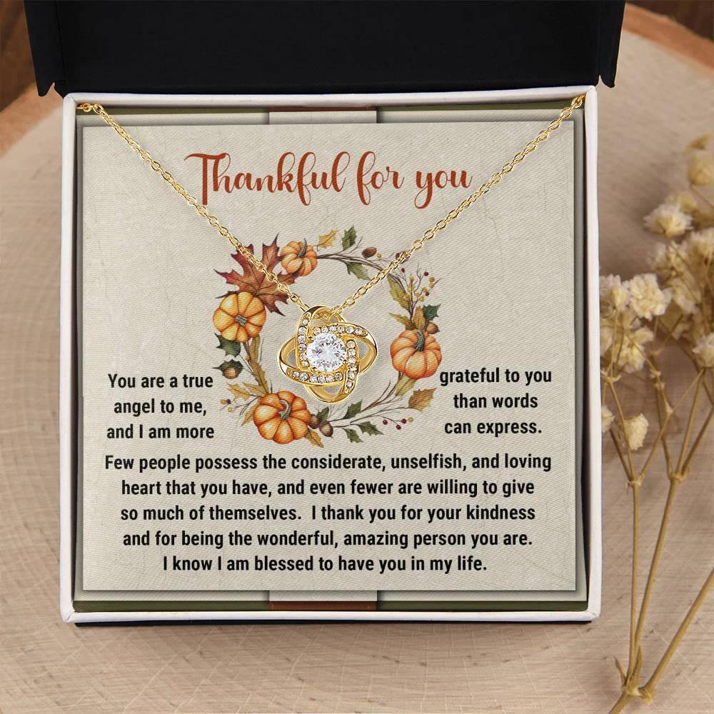 Thanksgiving Gift for Her – “Thankful for You” Love Knot Necklace with Message Card | Heartfelt Gift for Her