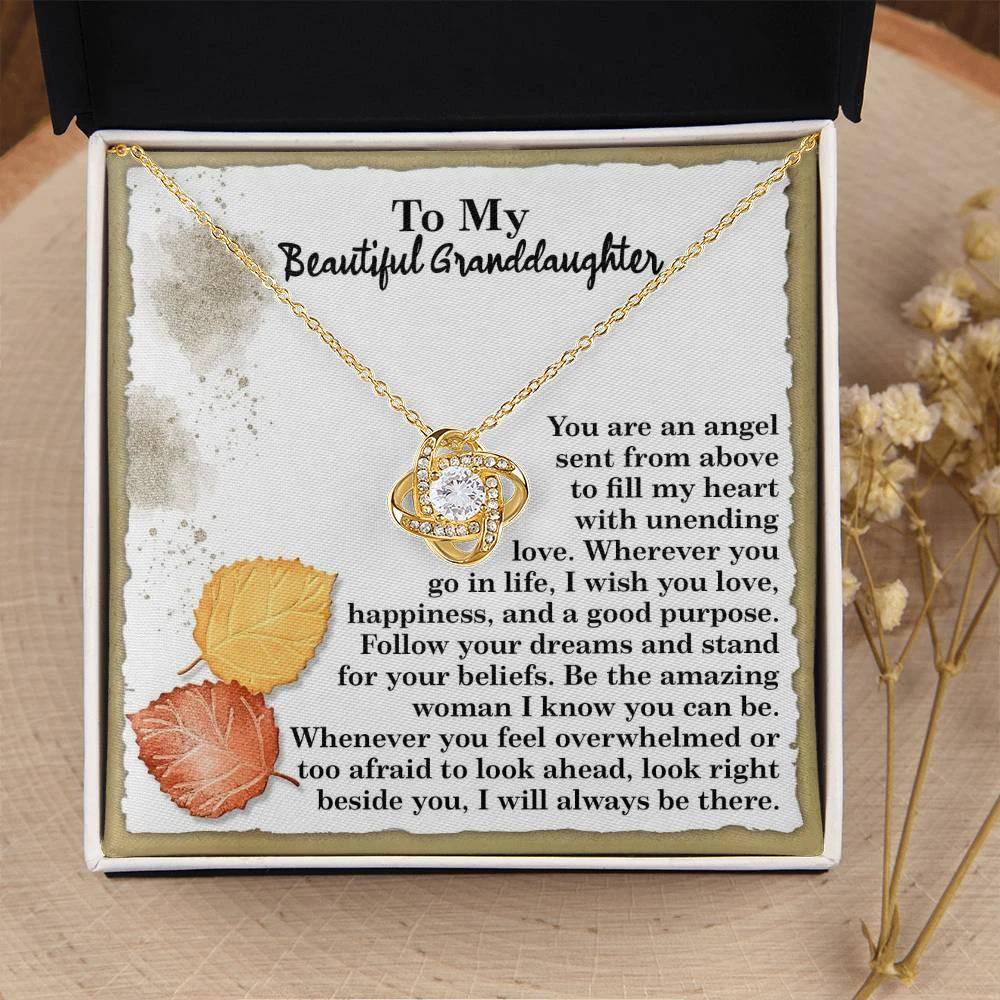 To My Beautiful Granddaughter – Love Knot Necklace | “Angel Sent From Above” Inspirational Message Card | Grandparent Gift for Birthday, Christmas & Milestones