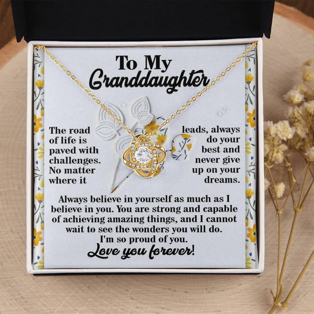 To My Granddaughter – Love Knot Necklace Gift | “Always Believe in Yourself” Encouragement Message Card | Grandparent Gift for Birthday, Graduation & Christmas