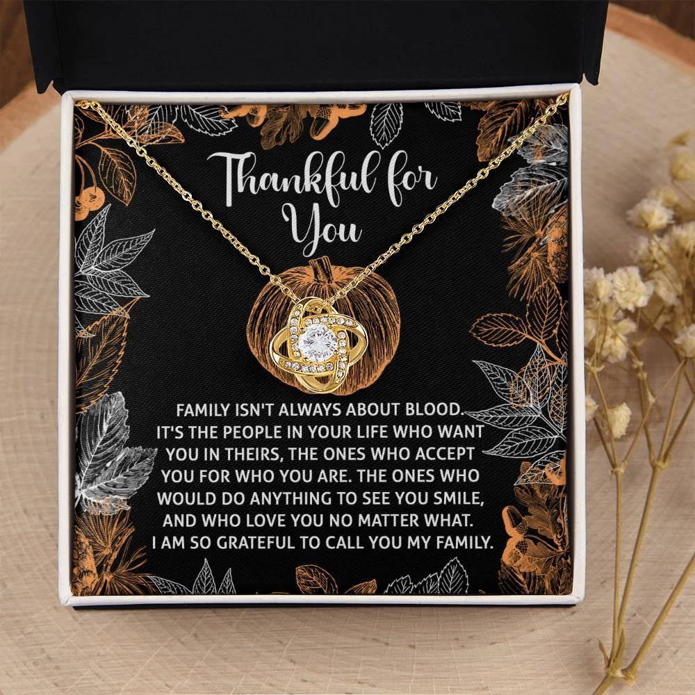 Thanksgiving Gift for Her – “Thankful for You” Love Knot Necklace with Message Card | Family & Friendship Appreciation Jewelry