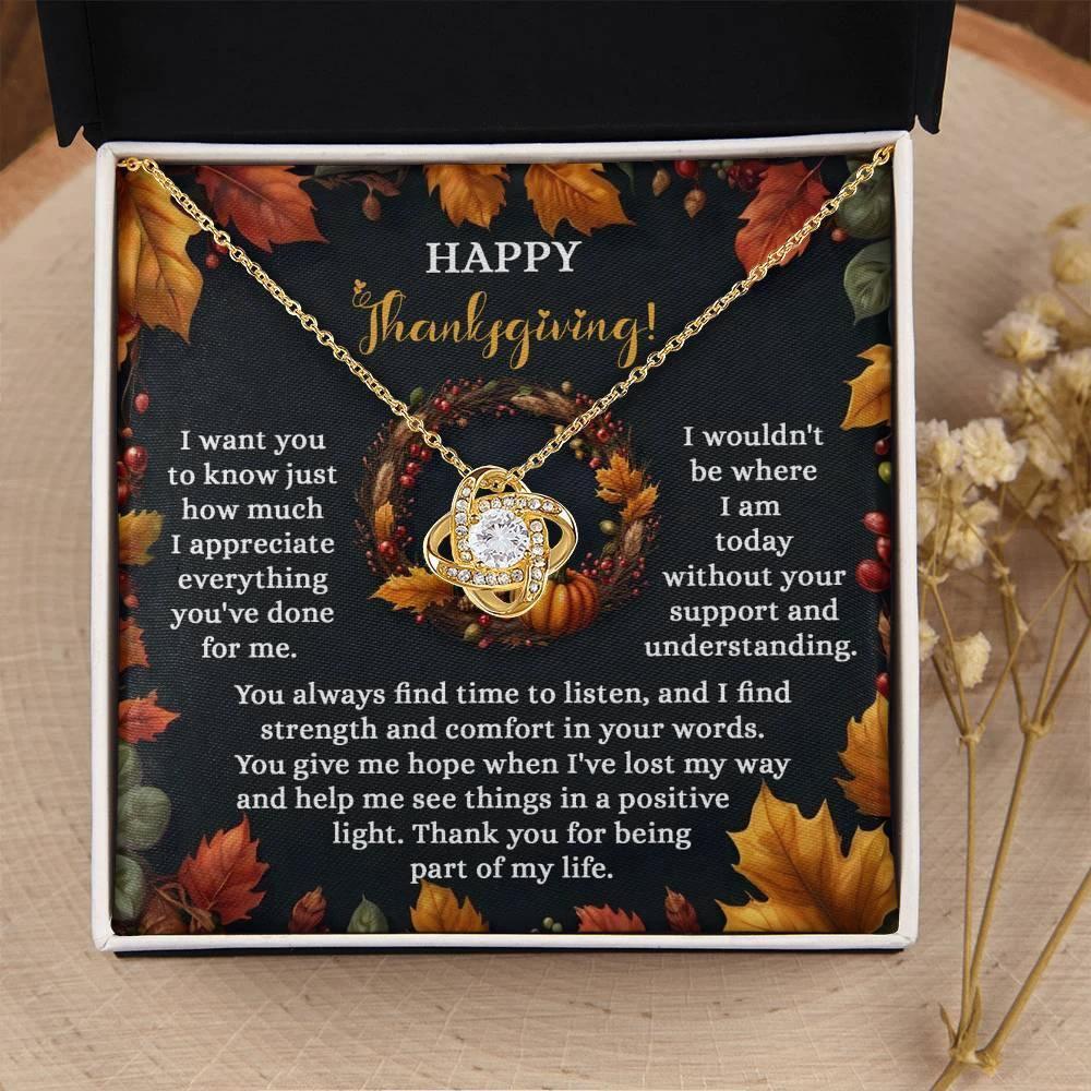 Happy Thanksgiving Love Knot Necklace Gift | Appreciation Message Card for Someone Special | Heartfelt Fall Holiday Jewelry Gift