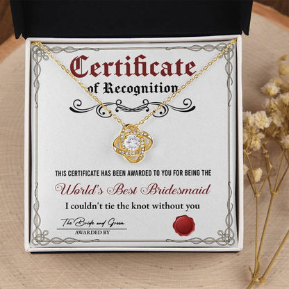 Bridesmaid Gift - Certificate Of Recognition Love Knot Pendant Necklace - Mallard Moon Gift Shop