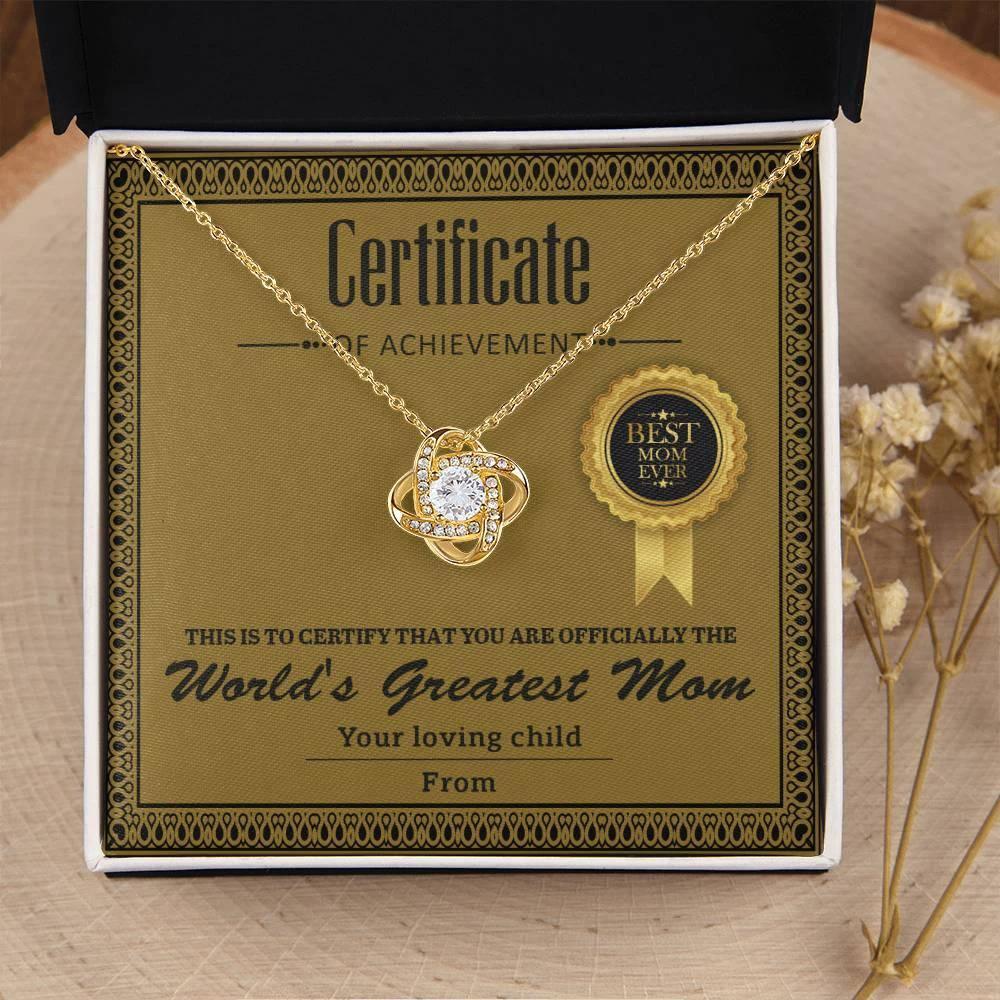 World's Greatest Mom Personalized Certificate of Achievement- Love Knot Necklace