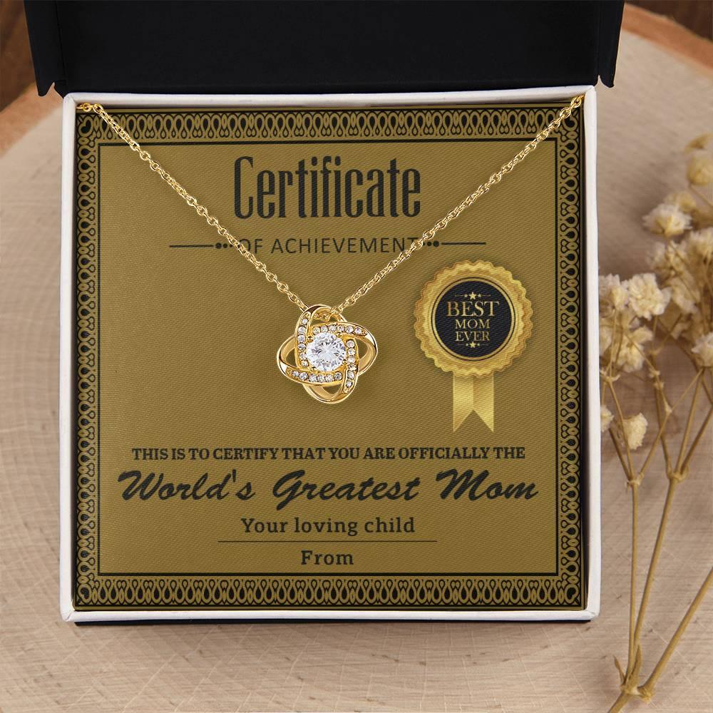 World's Greatest Mom Personalized Certificate of Achievement- Love Knot Necklace - Mallard Moon Gift Shop