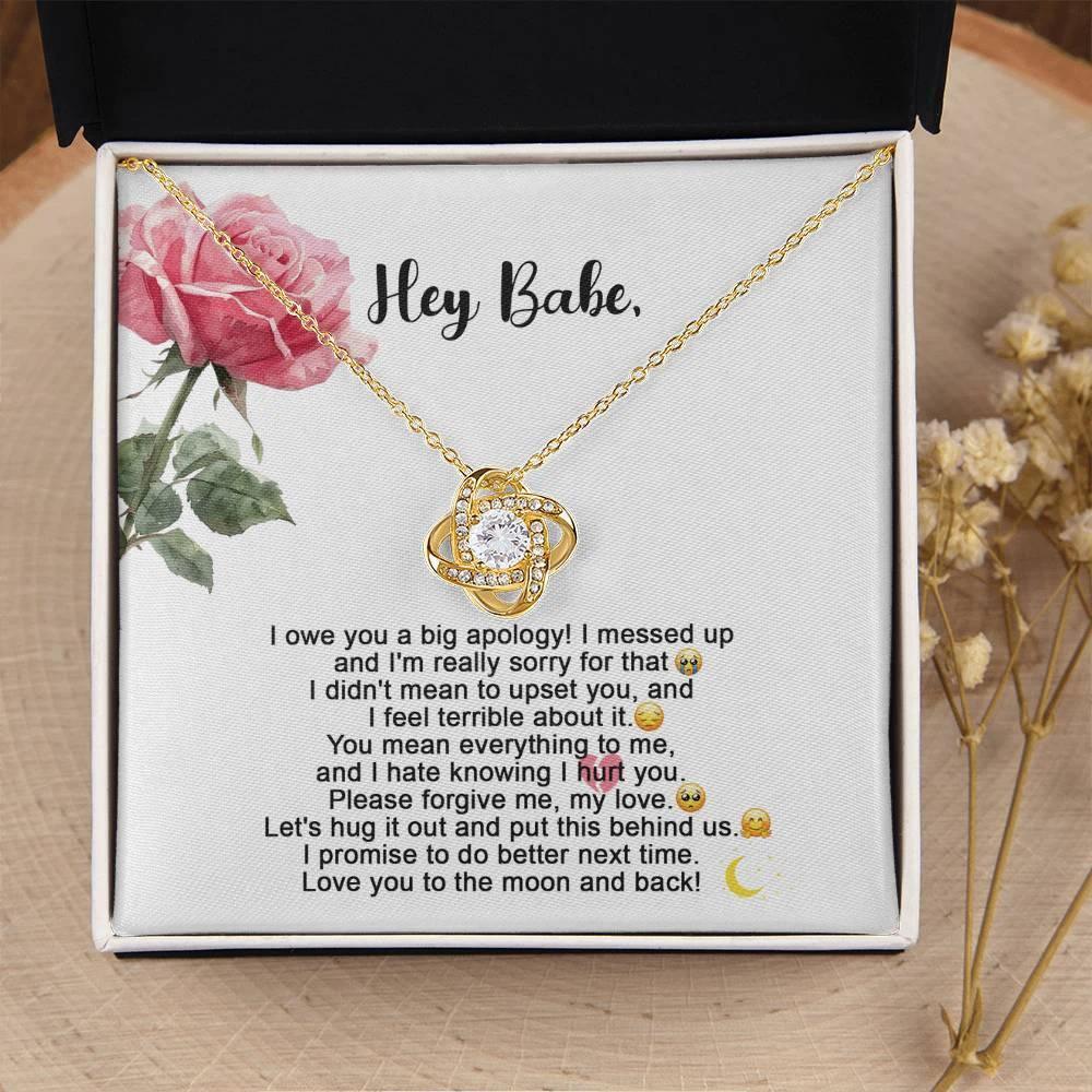 Hey Babe – I’m Sorry Love Knot Necklace | Heartfelt Apology Gift for Partner with Message Card