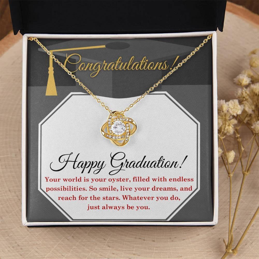 Happy Graduation-Your World is your Oyster Love Knot Pendant Necklace