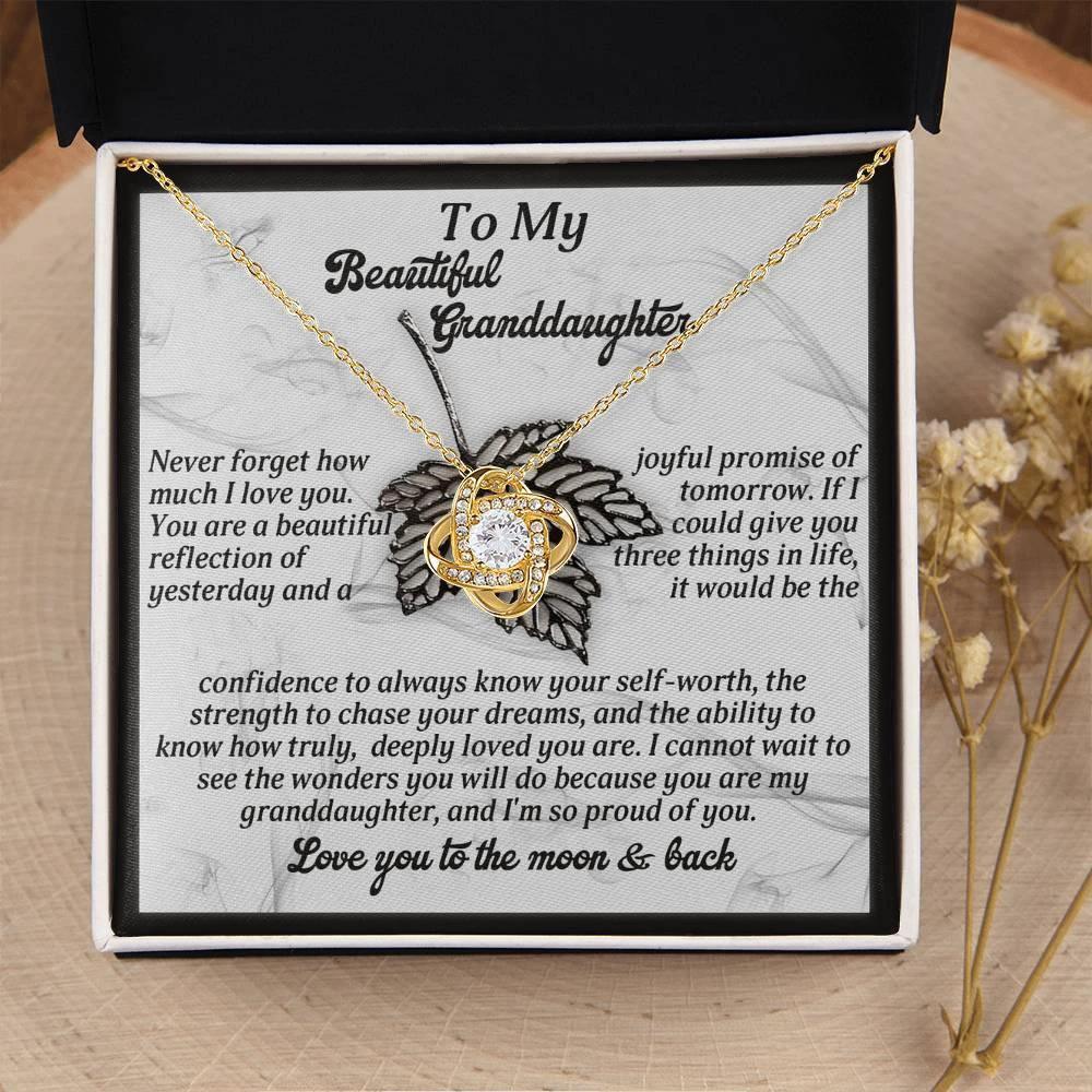To My Beautiful Granddaughter – Love Knot Necklace Gift | “Love You to the Moon & Back” Message Card | Grandparent Gift for Birthday, Graduation, or Christmas