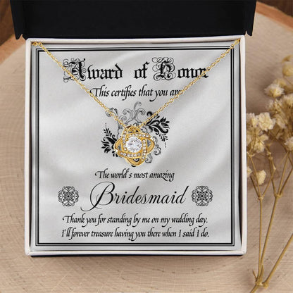 Bridesmaid Wedding Day Gift - Award Of Honor Thank You Card with Love Knot Pendant Necklace - Mallard Moon Gift Shop