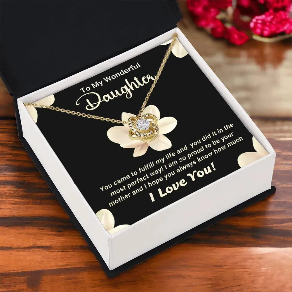 To My Wonderful Daughter – Love Knot Necklace with Magnolia Flower Message Card | Proud Mom Gift for Birthday or Graduation