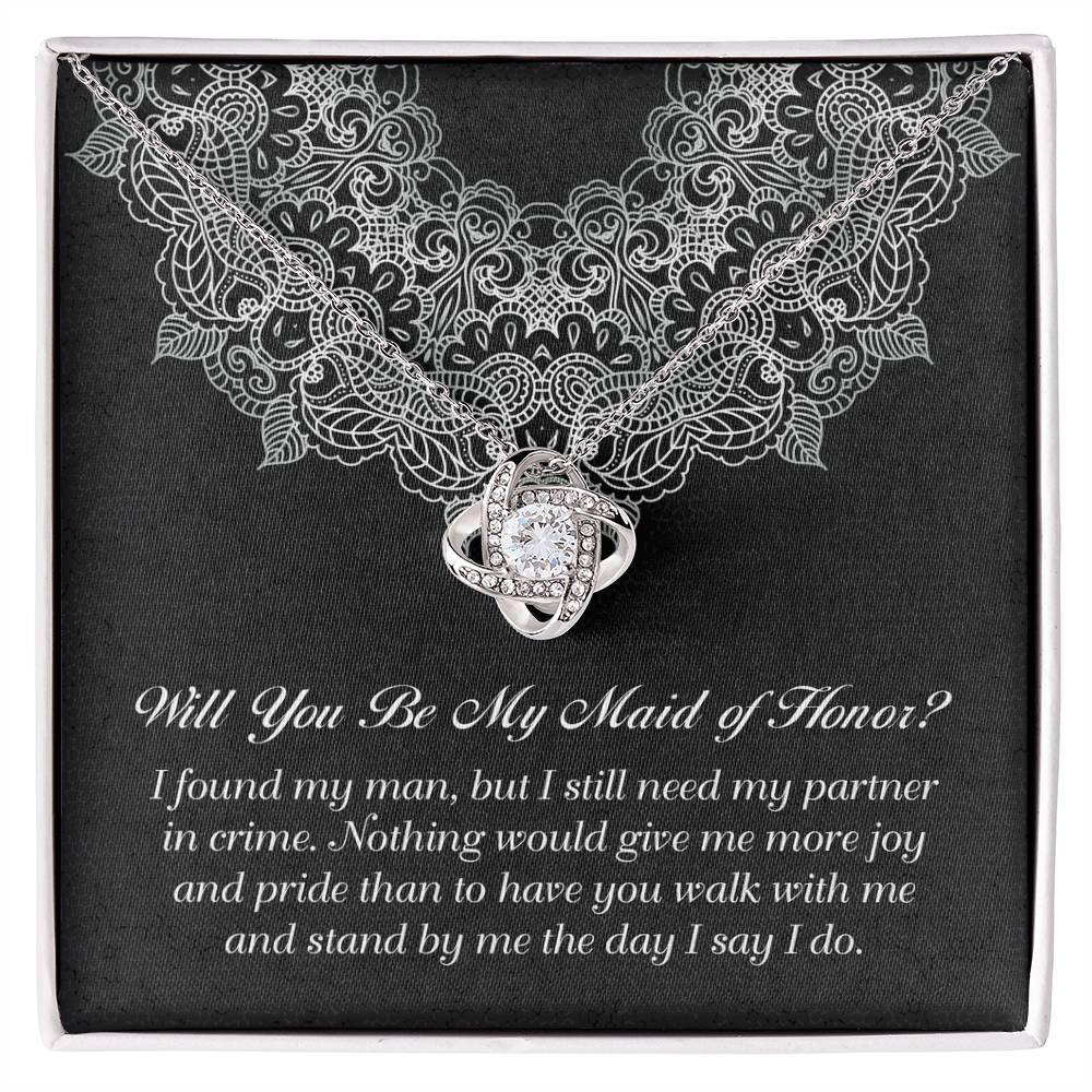 Maid of Honor Wedding Proposal Gift - Partner In Crime - Love Knot Pendant Necklace - Mallard Moon Gift Shop