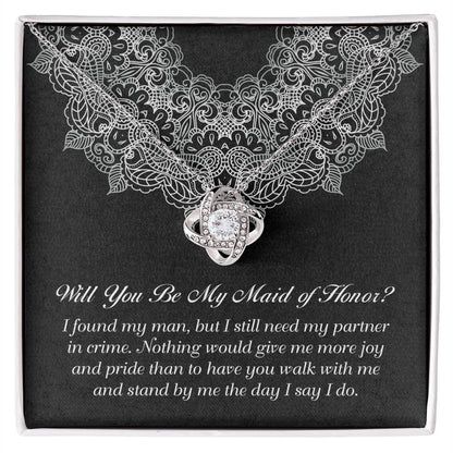 Maid of Honor Wedding Proposal Gift - Partner In Crime - Love Knot Pendant Necklace - Mallard Moon Gift Shop