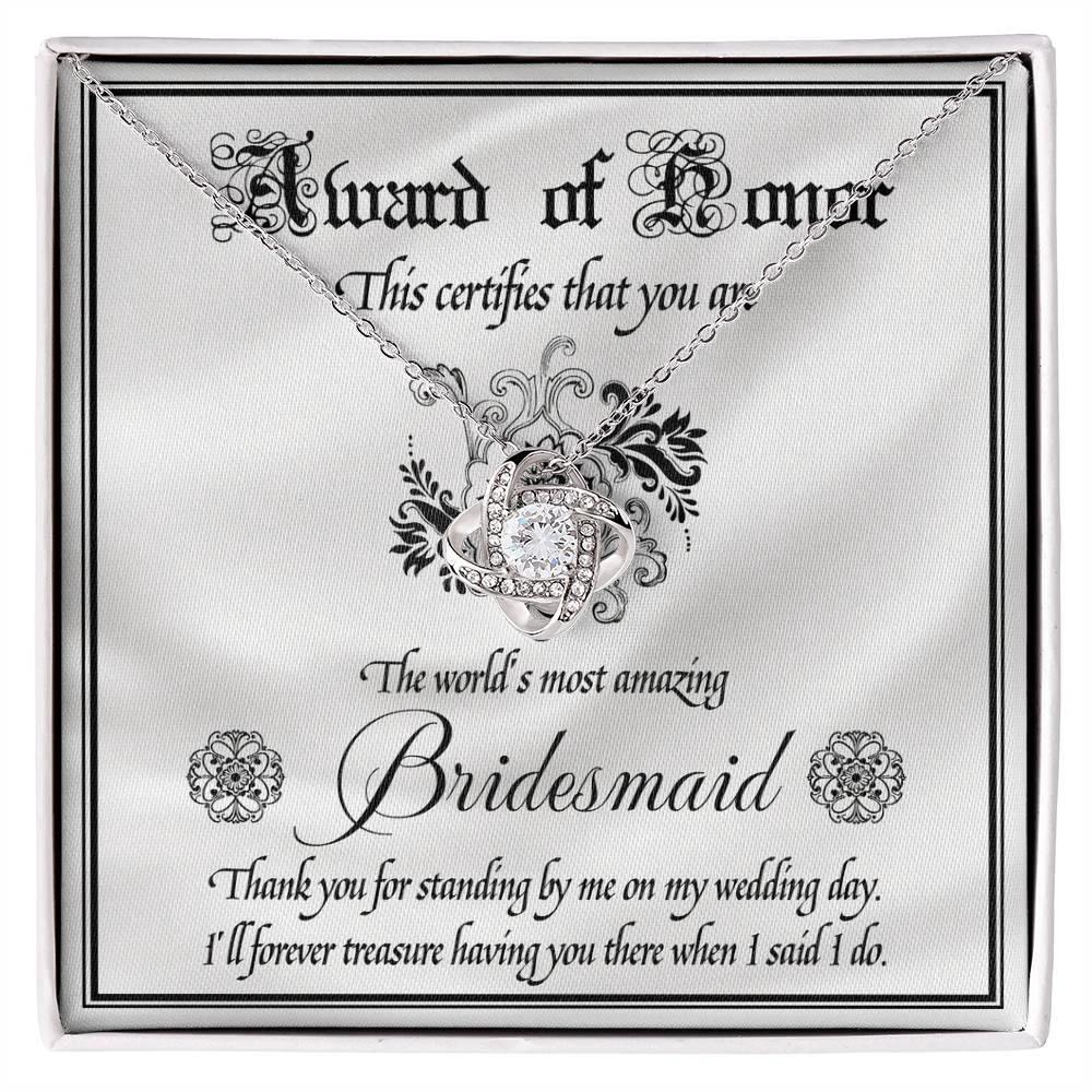 Bridesmaid Wedding Day Gift - Award Of Honor Thank You Card with Love Knot Pendant Necklace