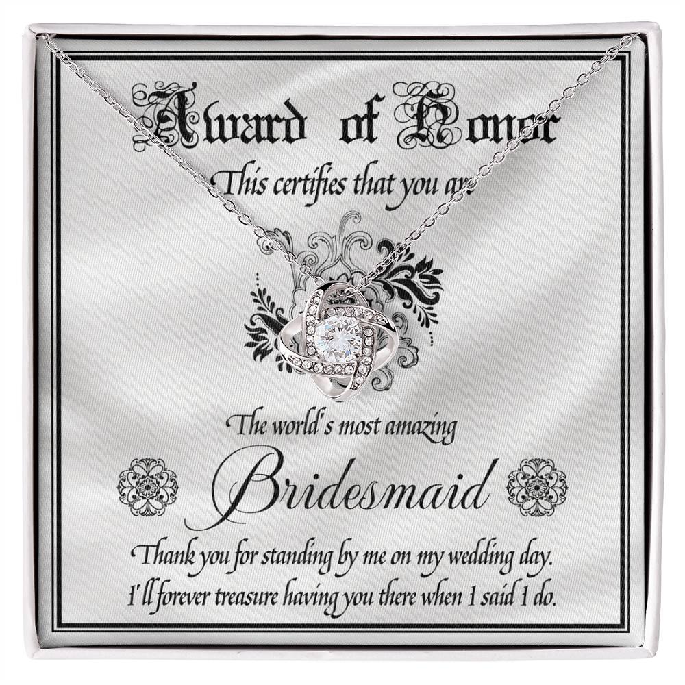 Bridesmaid Wedding Day Gift - Award Of Honor Thank You Card with Love Knot Pendant Necklace - Mallard Moon Gift Shop