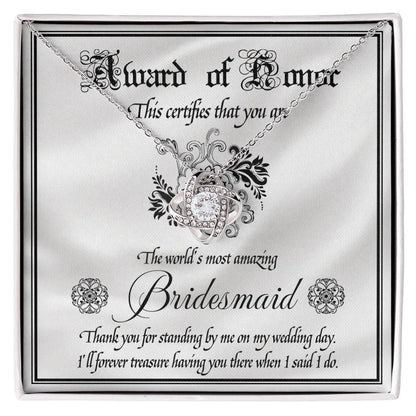Bridesmaid Wedding Day Gift - Award Of Honor Thank You Card with Love Knot Pendant Necklace - Mallard Moon Gift Shop
