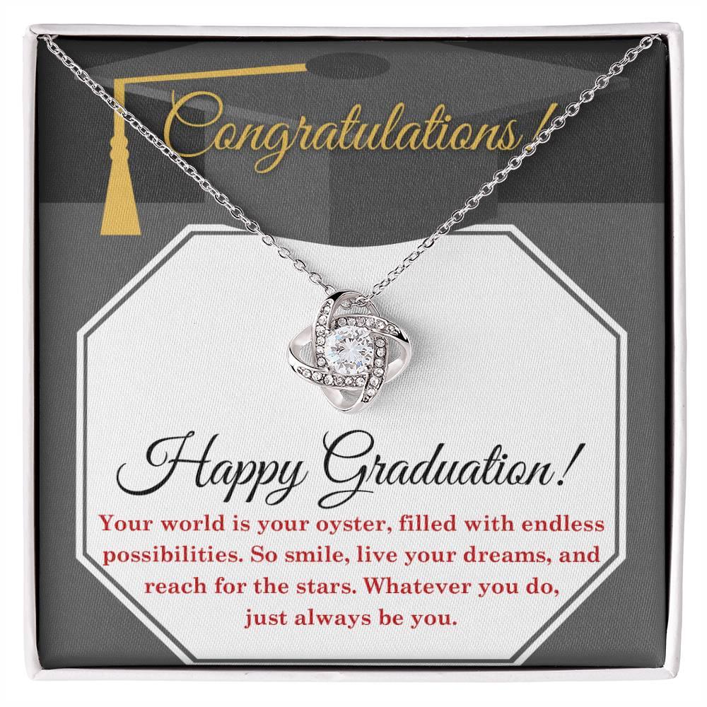 Happy Graduation-Your World is your Oyster Love Knot Pendant Necklace - Mallard Moon Gift Shop