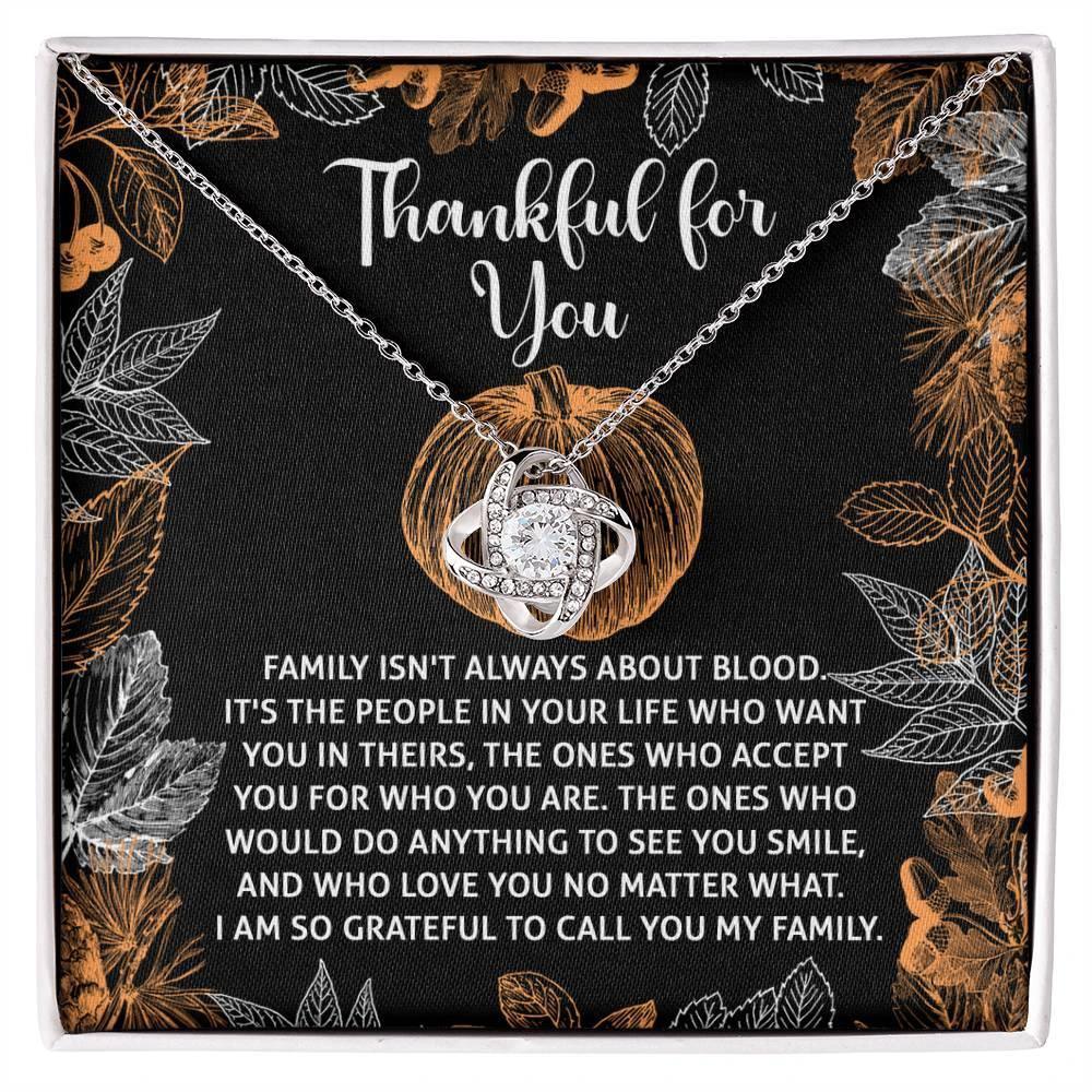 Thanksgiving Gift for Her – “Thankful for You” Love Knot Necklace with Message Card | Family & Friendship Appreciation Jewelry
