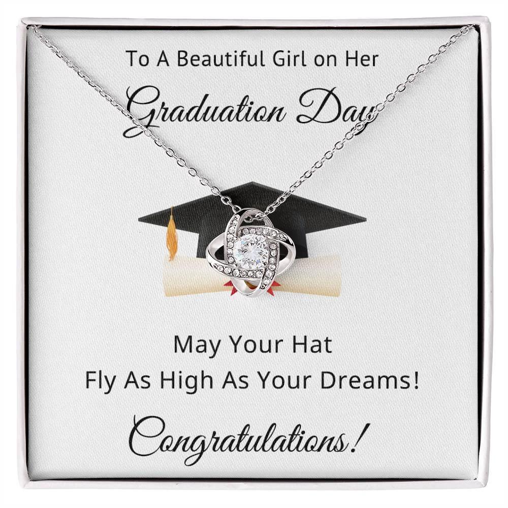 To A Beautiful Girl on Her Graduation Day Congratulations May Your Hat Fly High As Your Dreams Love Knot Pendant Necklace