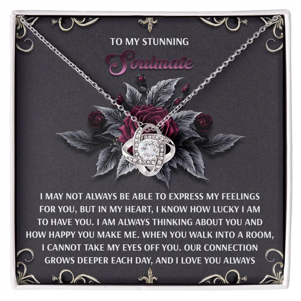 Romantic Gift for Wife or Girlfriend - Stunning Love Knot Pendant Necklace with Soulmate Message - I Am Lucky