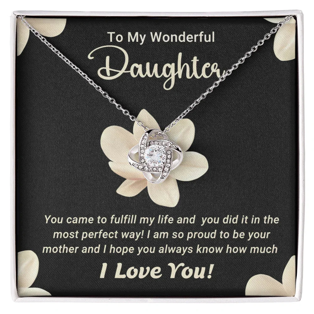 To My Wonderful Daughter – Love Knot Necklace with Magnolia Flower Message Card | Proud Mom Gift for Birthday or Graduation