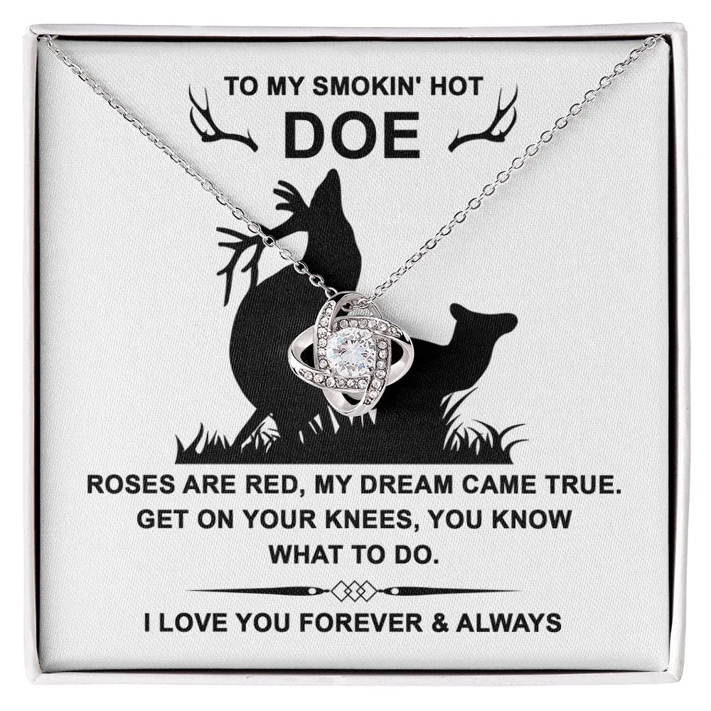 To My Smokin' Hot Doe” Message Card with Love Knot Necklace – Romantic and Playful Valentine's Day Gift