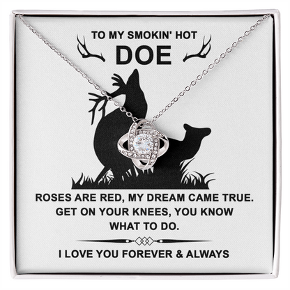 To My Smokin' Hot Doe” Message Card with Love Knot Necklace – Romantic and Playful Valentine's Day Gift - Mallard Moon Gift Shop