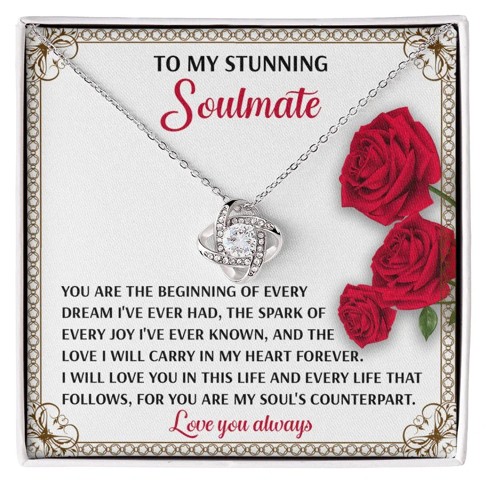Romantic Soulmate Gift – In My Heart Forever - Love Knot Necklace Pendant with Meaningful Message Card
