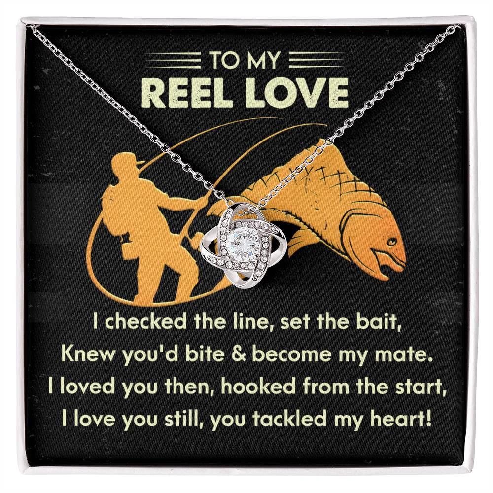 To My Reel Love - Gift for Soulmate - Tackled My Heart - Fishing Themed Message Card with Love Knot Pendant Necklace