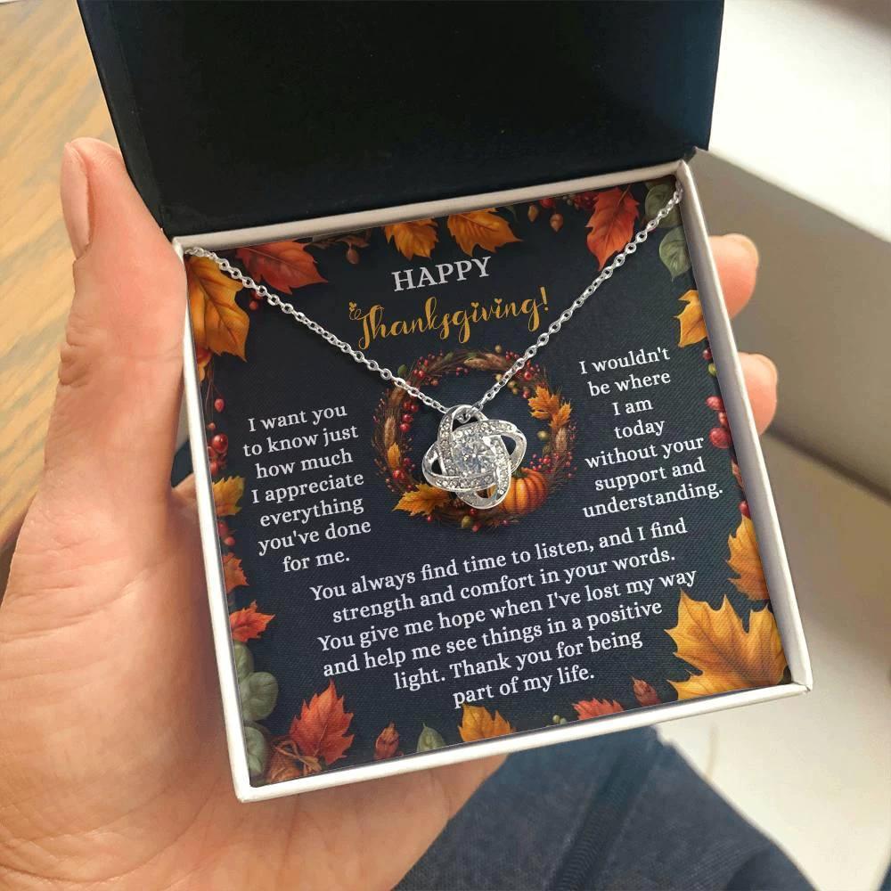 Happy Thanksgiving Love Knot Necklace Gift | Appreciation Message Card for Someone Special | Heartfelt Fall Holiday Jewelry Gift