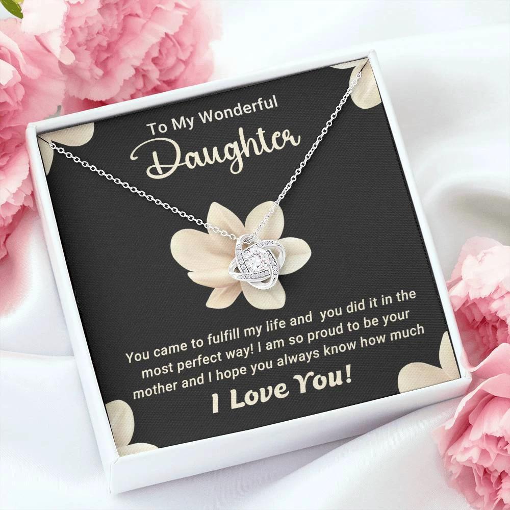 To My Wonderful Daughter – Love Knot Necklace with Magnolia Flower Message Card | Proud Mom Gift for Birthday or Graduation
