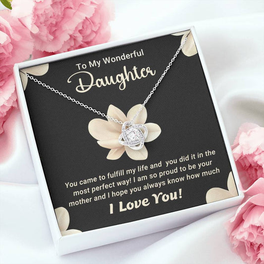 To My Wonderful Daughter – Love Knot Necklace with Magnolia Flower Message Card | Proud Mom Gift for Birthday or Graduation