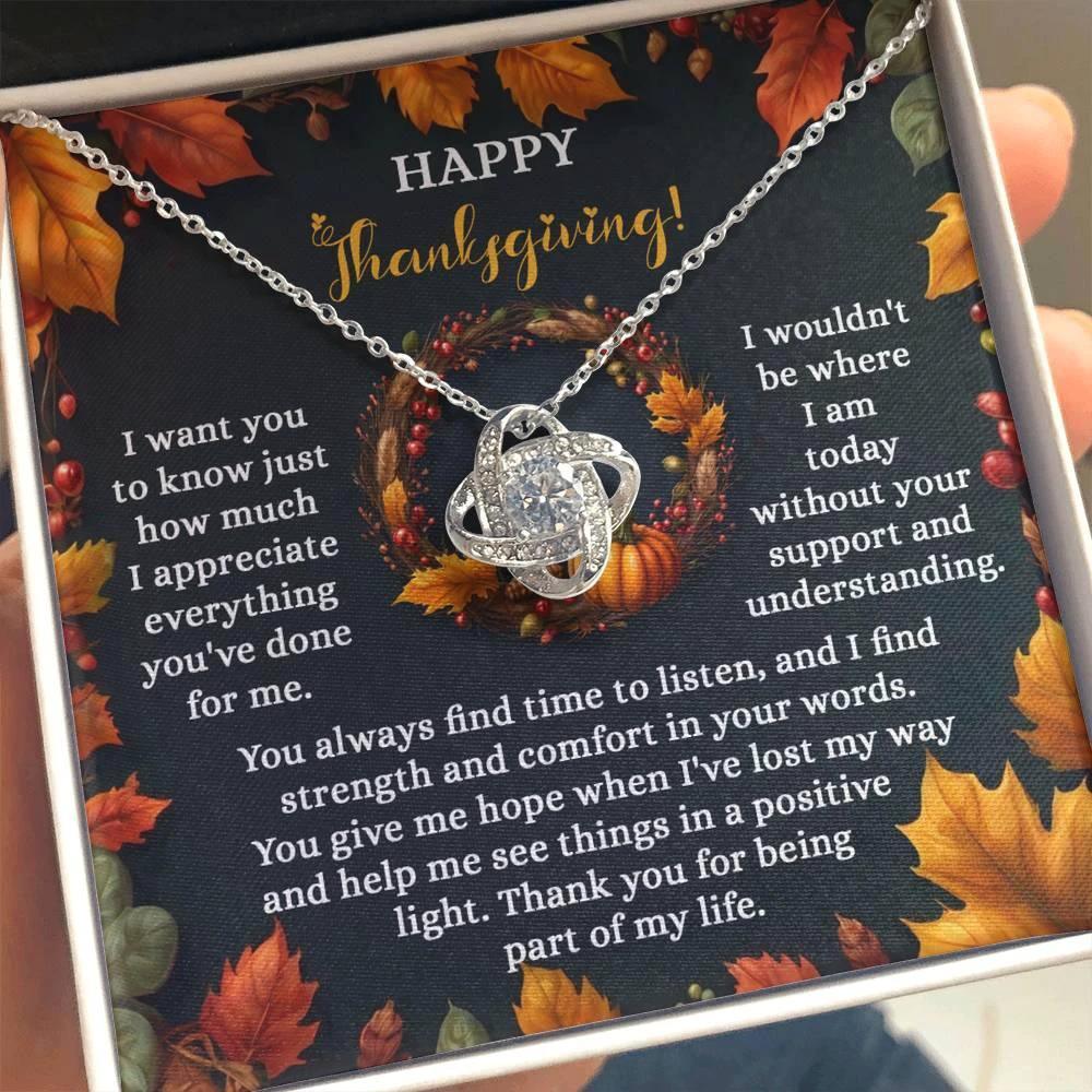 Happy Thanksgiving Love Knot Necklace Gift | Appreciation Message Card for Someone Special | Heartfelt Fall Holiday Jewelry Gift