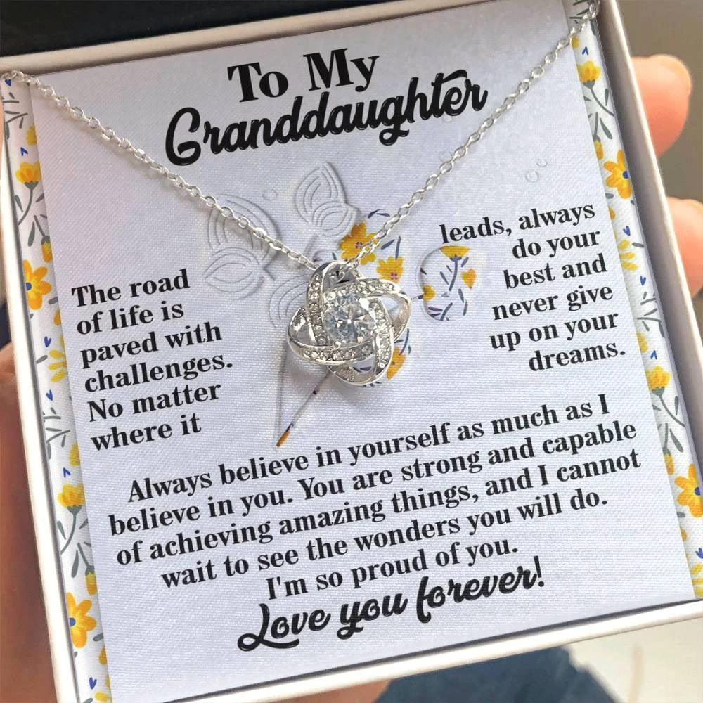 To My Granddaughter – Love Knot Necklace Gift | “Always Believe in Yourself” Encouragement Message Card | Grandparent Gift for Birthday, Graduation & Christmas