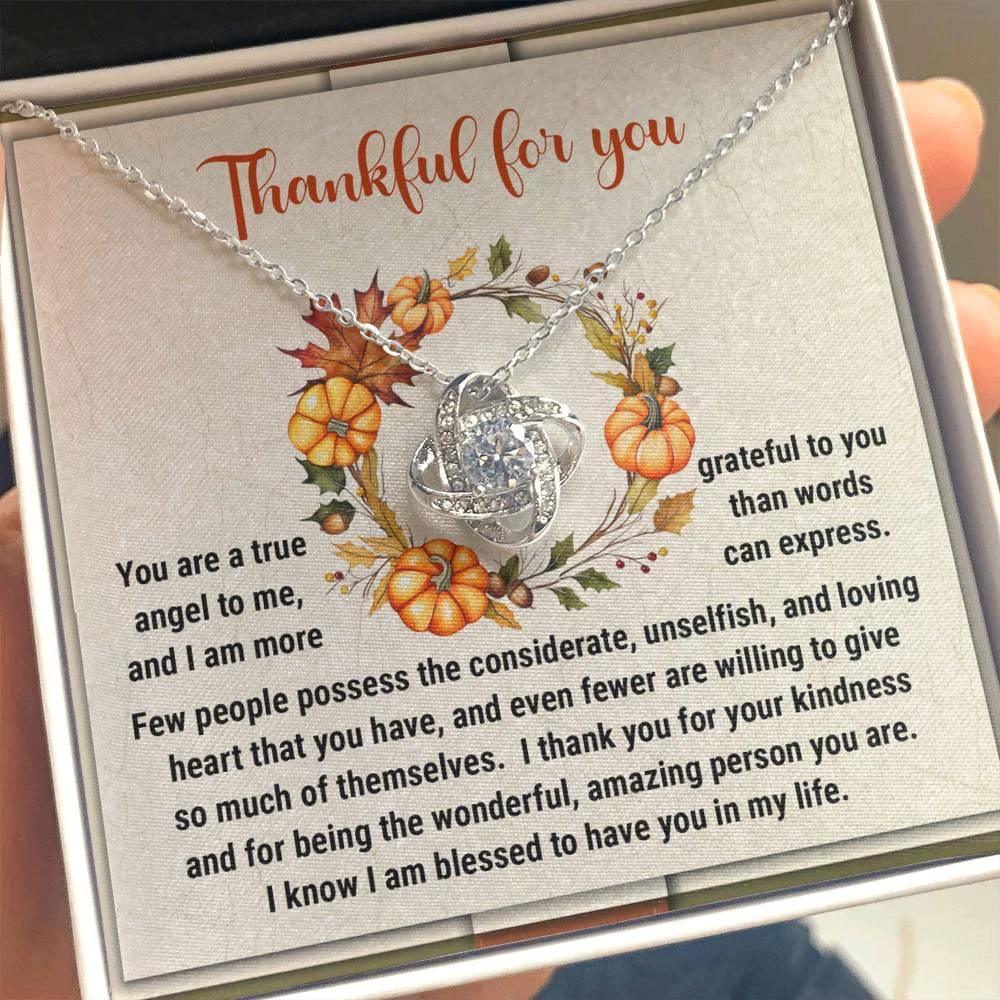 Thanksgiving Gift for Her – “Thankful for You” Love Knot Necklace with Message Card | Heartfelt Gift for Her