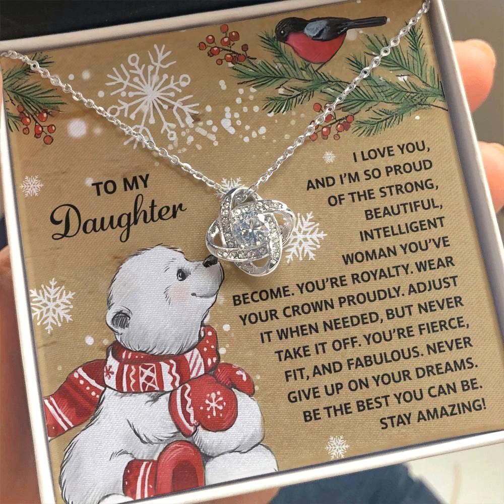 To My Daughter Christmas Love Knot Necklace – Holiday Gift with Polar Bear Message Card, Inspirational Daughter Jewelry, Christmas Gift from Mom or Dad